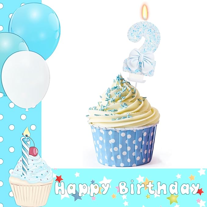 Birthday Candle for Cake, Number 2, Blue, 2.76 inch, Smokeless, Modern, Number Theme
