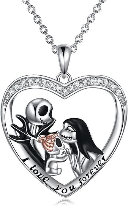 LILALO Christmas Gifts Nightmare Necklace Sterling Silver Abalone Shell Crystal Jack and Sally Necklace Jack Skellington Skull Jewelry Skull Necklaces for Women