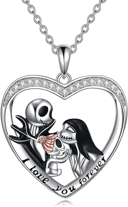 LILALO Christmas Gifts Nightmare Necklace Sterling Silver Abalone Shell Crystal Jack and Sally Necklace Jack Skellington Skull Jewelry Skull Necklaces for Women