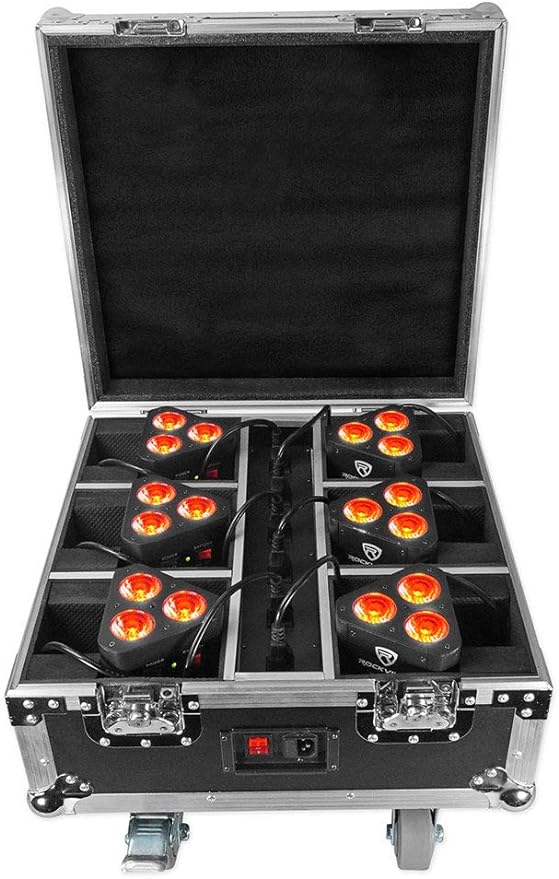 Rockville ROCKWEDGE PACKAGE BLACK (6) Battery Wireless DMX Par Lights, RGBWA+UV, Rechargeable, Charging Case, Remote, 36-Hour Battery, Flicker-Free, for DJs and Event Lighting