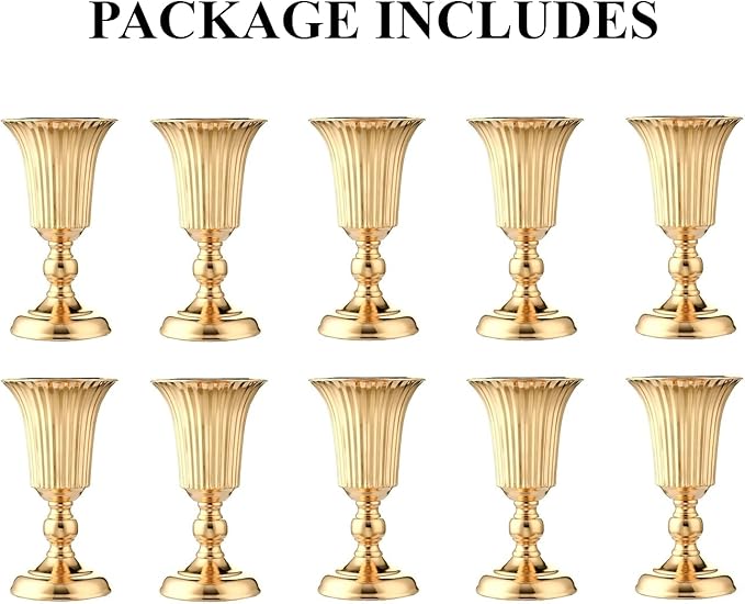 10Pcs Gold Vase Centerpiece Table Decorations - Metal Tabletop Flower Stand, Wedding Decorations for Reception, 10.7in Trumpet Tall Flower Vase for Birthday, Weddings, Anniversary Ceremony, Home Decor