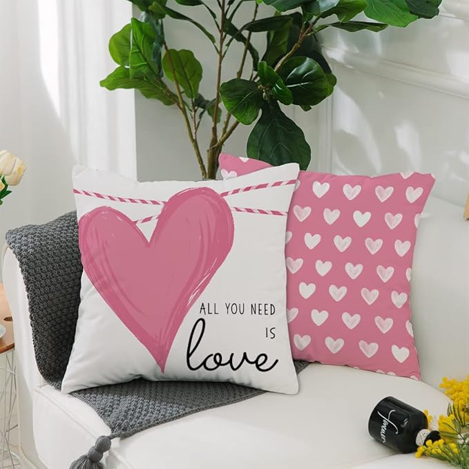 GEEORY Valentines Day Pillow Covers 16 x 16 inch Set of 4 for Valentines Decor Pink White Stripes Dots Love Heart Throw Pillows Decorative Cushion Cases Valentine Decorations G193-16
