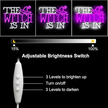 The Witch Is In Neon Signs for Wall Halloween Decor - Witch Hat Neon Light Purple Dimmable LED Sign Gothic Lamp for Haunted Mansion House Party Decor