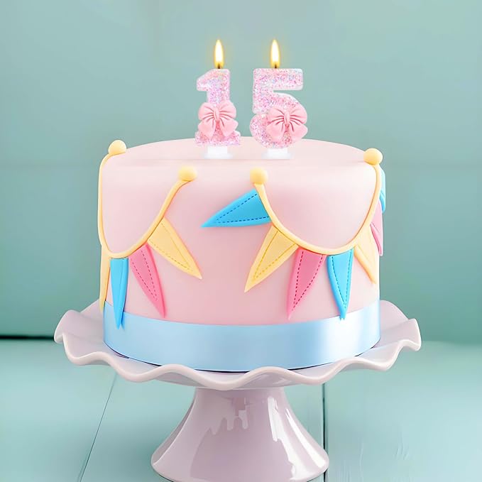 Number 15 Candle Pink Sequins and Bowtie 15th Cake Topper, 15 Birthday Candle for Girls Pastel Sweet Theme Birthday Party or Adults Milestone Age Decoration