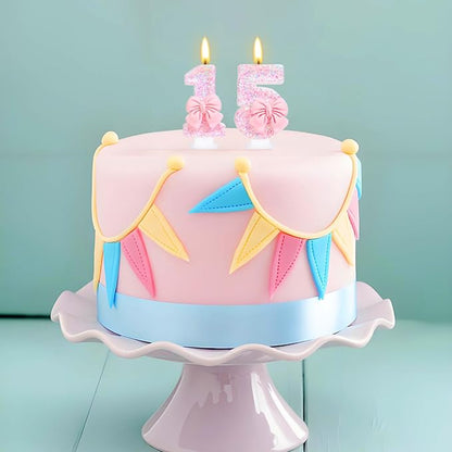 Number 15 Candle Pink Sequins and Bowtie 15th Cake Topper, 15 Birthday Candle for Girls Pastel Sweet Theme Birthday Party or Adults Milestone Age Decoration