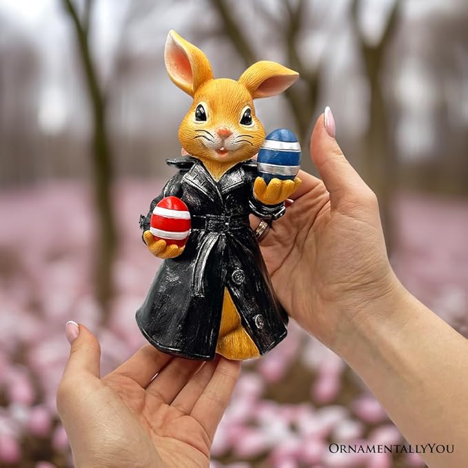 OrnamentallyYou Covert Carrot Collector Funny Bunny Agent Figurine, 7" Dueling Easter Rabbit Garden Statue