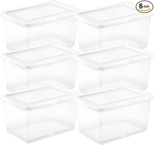 Sterilite 6 Pack Storage Boxes, Clear Plastic Stackable Containers, Lightweight Home Organizers with Snap Lids, 20 Quart, White