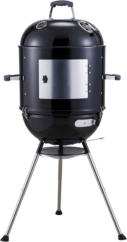 Megamaster Vertical 18 Inch Charcoal BBQ Smoker, 4-in-1 Portable Outdoor Grill with Adjustable Air Vent, 600 SQ. In Cooking Area, Built-in Temperature Gauge, BBQ Grill for Camping, Picnics - 810-36014
