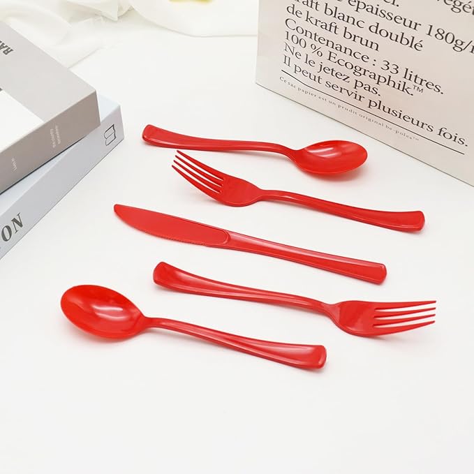 150 Pack Red Plastic Silverware, Red Plastic Utensils, Disposable Cutlery Heavy Duty, 50 Forks, 50 Spoons, 50 Knives for Birthday, Graduation Party, Flag Day, 4th of July