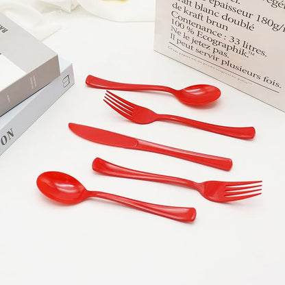 150 Pack Red Plastic Silverware, Red Plastic Utensils, Disposable Cutlery Heavy Duty, 50 Forks, 50 Spoons, 50 Knives for Birthday, Graduation Party, Flag Day, 4th of July