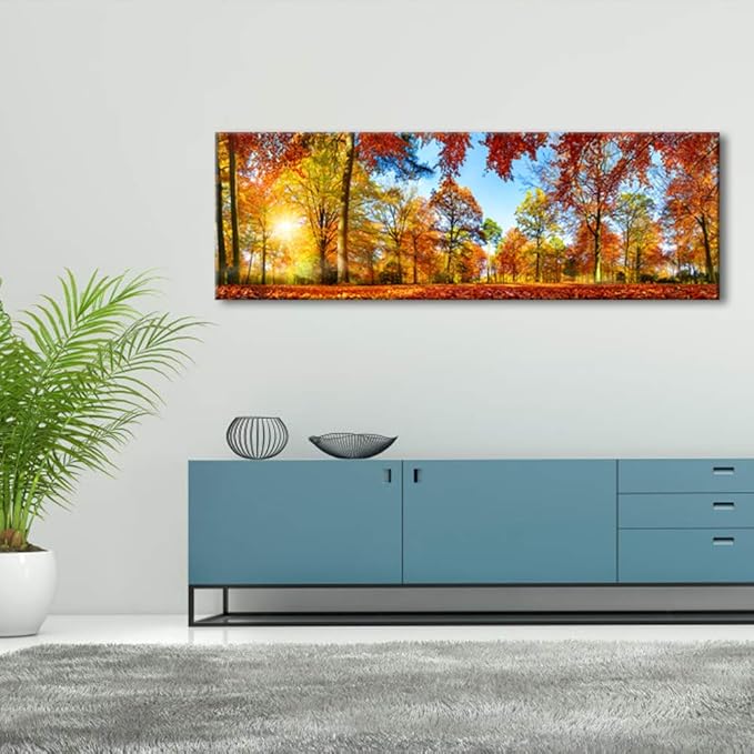Pyradecor Large Autumn Sunset Forest Canvas Prints Wall Art Golden Nature Landscape Artwork Pictures Paintings for Living Room Bedroom Home Decorations
