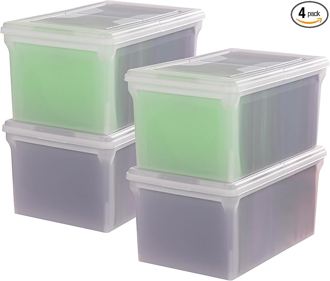 IRIS USA File Box, File Organizer w/Hinged Split Lid for Letter File, Important Document Box, Plastic Storage Filing Bin for Moving, Stackable Nestable Portable, Pearl 44 Qt. 4 Pack