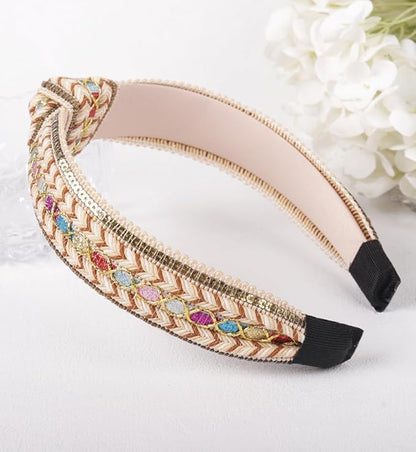 Women's Boho Top Knotted Sequin Braided Headbands for Women Non Slip, Girls Sparkly Wide Hair Accessories Christmas Gift (Boho Brown Wide)