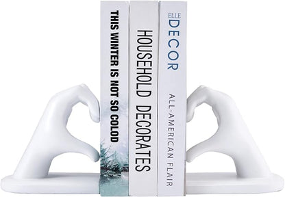 White Bookends, Heavy Duty Bookend Holder Decor, White Finger Heart Shaped, Modern Art Sculpture, Finger Home Decoration, Bookends Decorative, Boho Decor for Desktop Bedroom Study Room