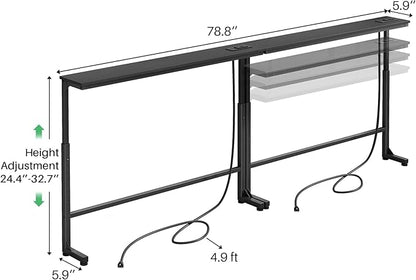 Kitstorack 2-Pack Black Narrow Console Table Behind Couch, Adjustable Height (25"-33") & 2 Power Outlets, Skinny Entryway Sofa Table 5.9" Deep x 79" Long, Split Design for Separate Use