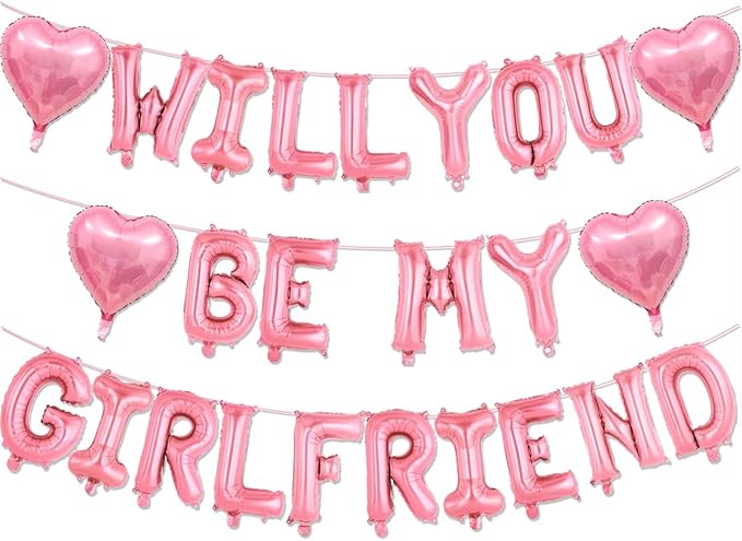Will You Be My Girlfriend Balloons-16 Inch Pink Foil Letters Balloon 18 inch Heart Balloon Valentines Day Balloons for Wedding Engagements Proposals party Decorations