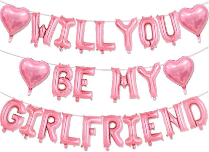 Will You Be My Girlfriend Balloons-16 Inch Pink Foil Letters Balloon 18 inch Heart Balloon Valentines Day Balloons for Wedding Engagements Proposals party Decorations