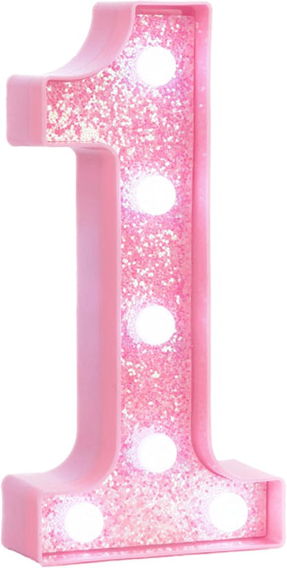 Pink LED Light Up Marquee Numbers, Glitter Lighted Numbers Sign Battery Operated for Girls 1st 10th First Birthday Party Decorations, Room Table Top Decor, Pink Number 1 with Cool White Lights