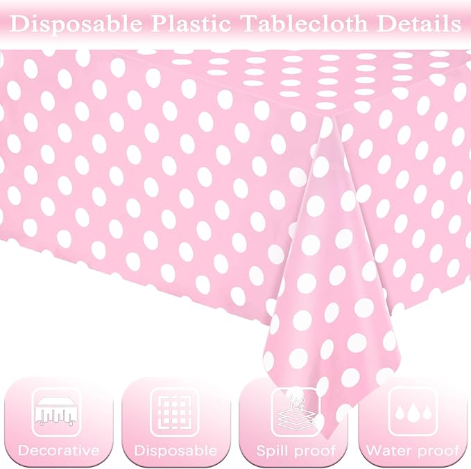 WNINK 2 Pack Light Pink and White Polka Dot Tablecloths, Pink Disposable Plastic Table Cover for Birthday, Wedding, Bachelor, Pink Girl Party, and Picnic Camping Parties 54" x 108"