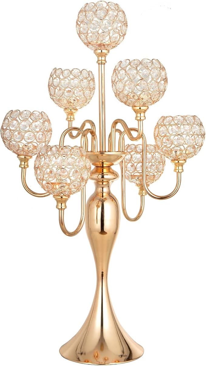 Candelabra Centerpieces for Table, Candle Holder for Table Centerpieces, 7Arm Tall Crystal Candelabra Candle Holder, Gold Centerpiece for Table Wedding Christmas Party Event