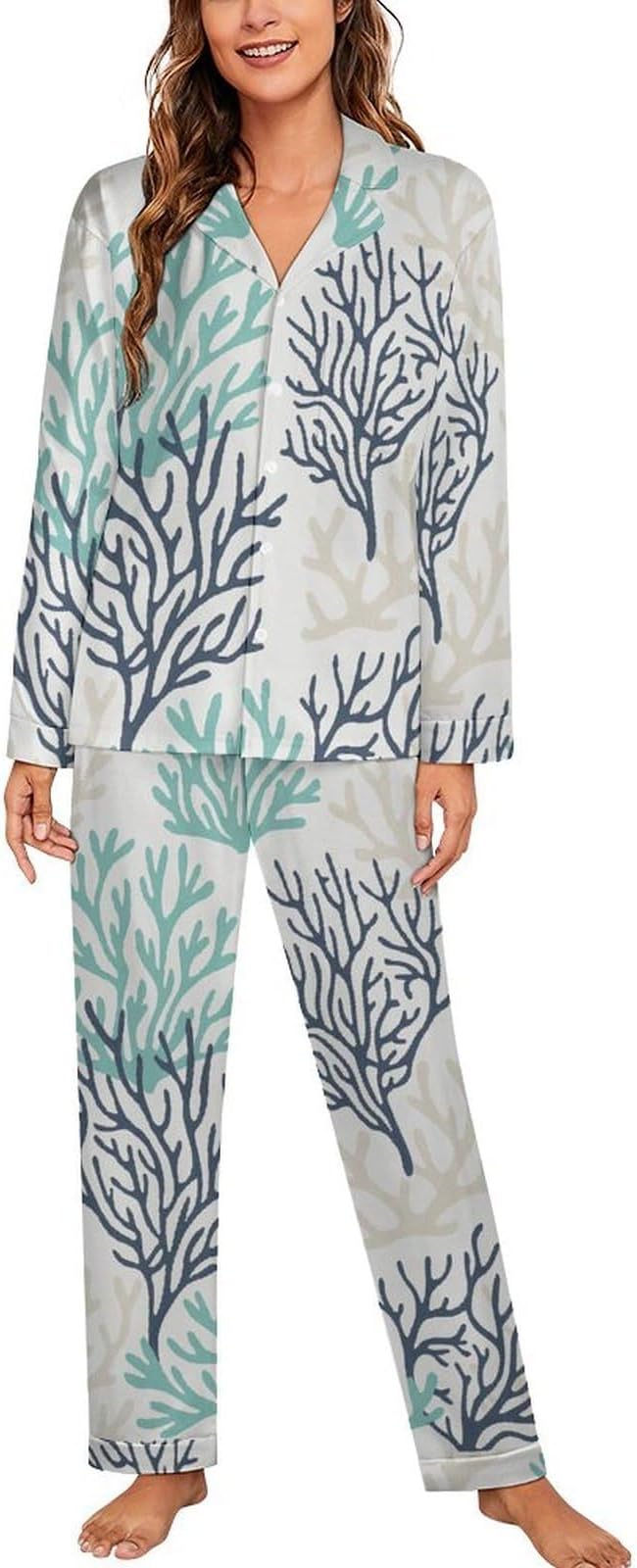 Lemons Leaves Ceramic Style Womens Pajama Set Long Sleeve Pajamas Top And Pants Soft Loungewear Pjs Sets