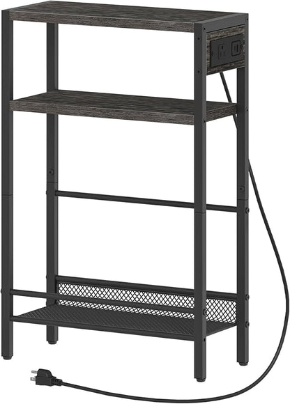 HOOBRO Small Narrow Side Table with Charging Station, Skinny End Table for Small Spaces, Slim Nightstand with USB Ports Outlet, Sofa Beside Table with Storage Shelf, Charcoal Black BC102UBZ01