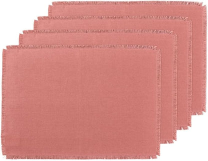 Solino Home Fringe Linen Placemats Set of 4 - Dusty Rose Placemats 14 x 19 Inch - 100% Pure Linen Table Mats