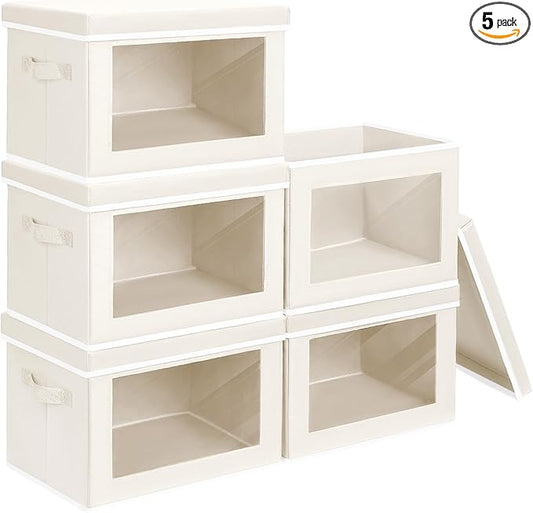 Storage Bins with Lids - Medium Storage Box with Lids, Foldable Closet Boxes for Organizing, Stackable Clothes Organizer with Window, Cubes Bins for Living Room, 5 Pack, Beige