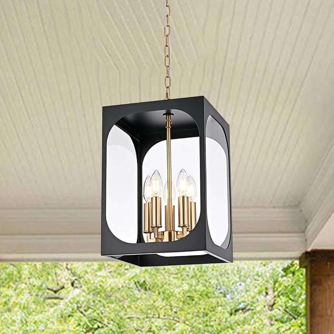 BONLICHT Large Outdoor Pendant Light Fixture 5 Light Modern Black Brass Outdoor Chandelier Porch Light with Clear Glass Exterior Pendant Lamp Ceiling Mount Hanging Lantern for Hallway Entrance Outside