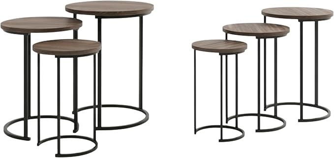 Lavish Home 6-Piece Nesting Tables – Set of 6 Round Side Tables with Woodgrain-Look Tops and Black Metal Frames – Modern Accent & End Table Set for Living Room, Bedroom, or Home Office (Gray/Brown)