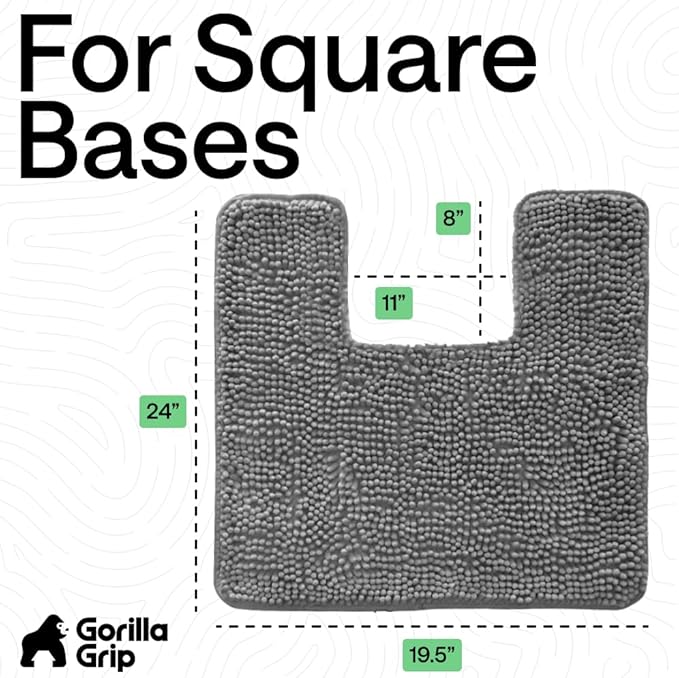 GORILLA GRIP Plush Absorbent Shaggy Chenille Bath Rug Mat for Square Toilet Base with Rubber Backing, Machine Washable Rugs, Soft Microfiber Contour Mats for Toilets, Bathroom Decor, Grey