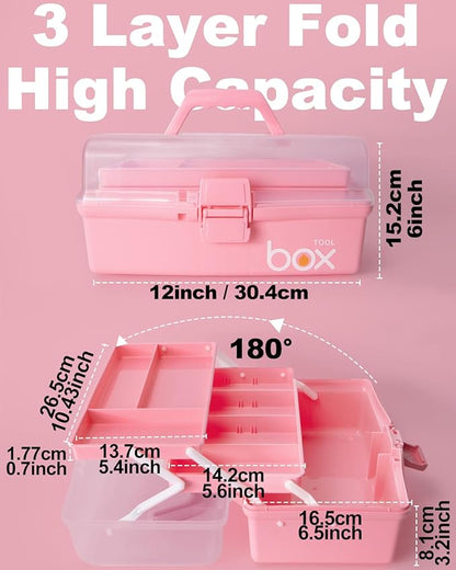 12in 3-Layer Plastic Craft Organizers and Storage, Portable Folding Tackle Box with Handle & Adjustable Dividers, Multipurpose Case for Sewing, Art Supplies, Medicine, Tools (Pink)