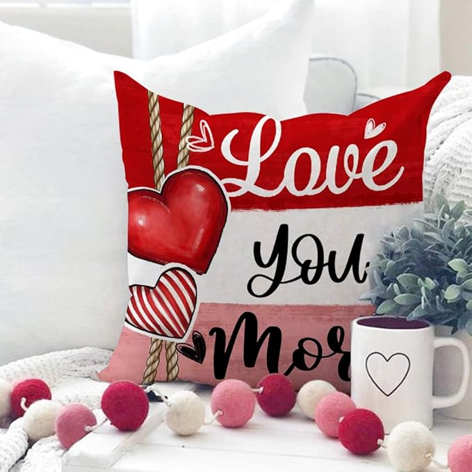 GEEORY Valentine's Day Love You More Be Mine Throw Pillow Covers 18x18 Inch Set of 4, Red Hearts Truck Stripes Plaid Decorative Farmhouse Wedding Cushion Case for Home Decoration G658-18