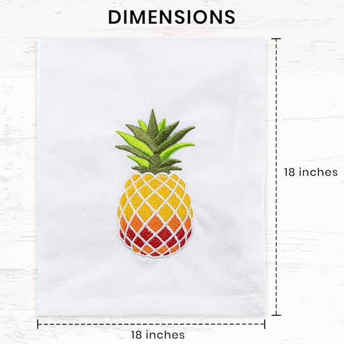 Pineapple Embroidered Cotton Dinner Napkins - 18x18 in Washable, Absorbent Reusable Napkins - Spring Easter Basket Decor - Pack of 6