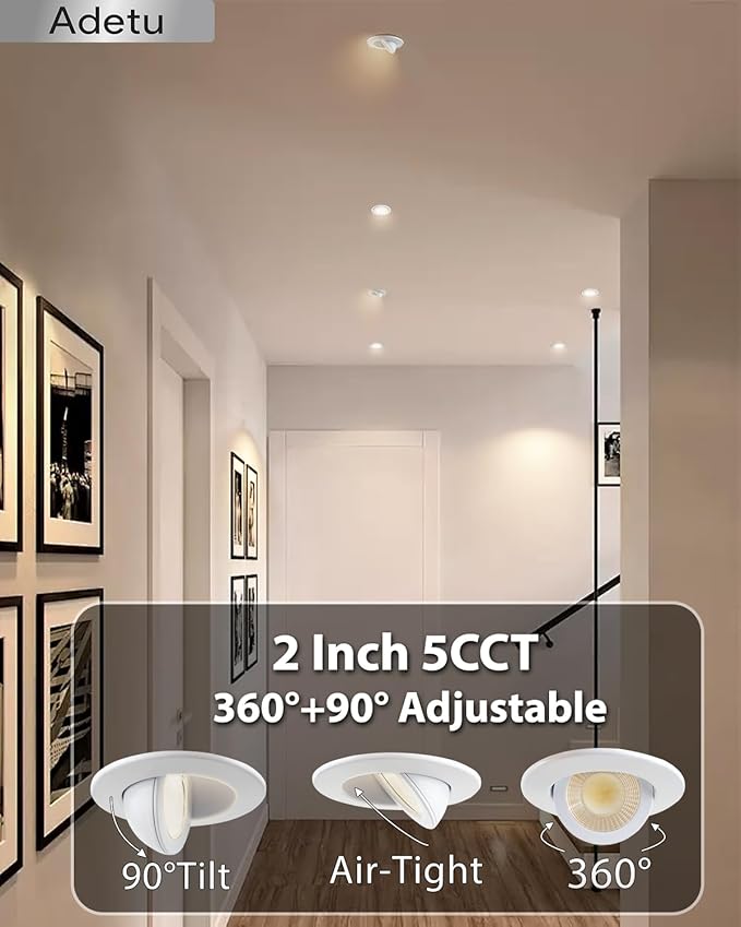 Adetu 2 Inch 5CCT Gimbal Led Recessed Lighting with Junction Box, 360°+90° Adjustable Recessed Can Lights, 2700K/3000K/3500K/4000K/5000K Selectable, 5W Eqv 50W, 550LM Brightness - ETL (White,12 Pack)