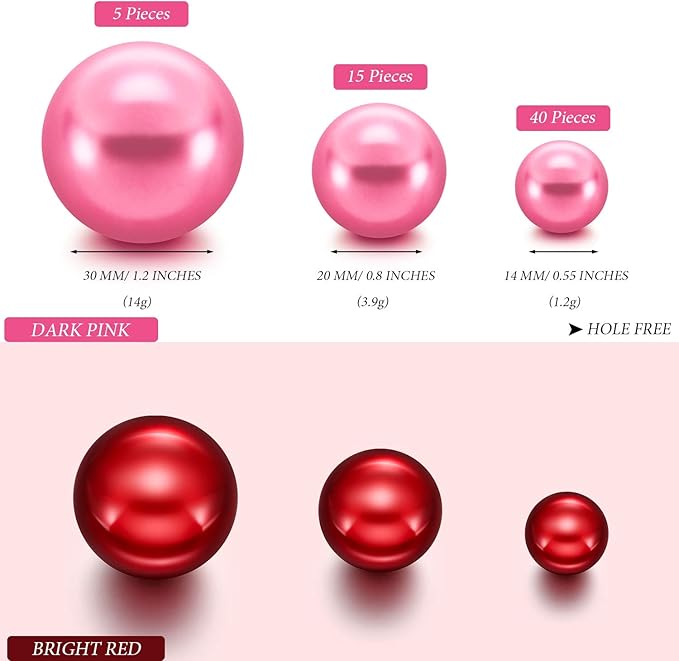 Hicarer 120 Pieces Pearl for Vase Filler Pearl Bead Vase Centerpieces Brush Holder Assorted Round Faux Bead for Crafting, Home Wedding Table Decor 14/20/30 mm(Dark Pink, Bright Red)