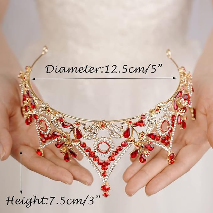 Wekicici Baroque Queen Crown Red Crystal Tiara Rhinestone Princess Wedding Headband for Women Birthday Pageant Party(Red)