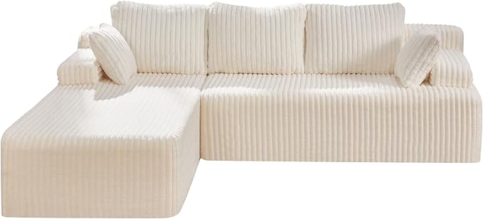 Modular Sectional Sofa Couches L-Shape Couch 3 Seat Modular Sofa Memory Foam Sectional Couches for Living Room, Cloud Couch with Oversized Chaise (White Stripe, 98" Left Facing Chaise)
