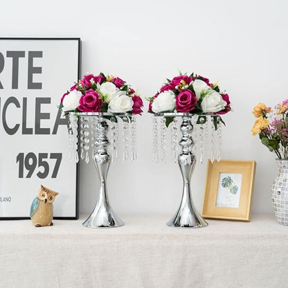 LANLONG Set of 2 Crystal Centerpieces for Tables Silver Metal Flower Vase Stand for Wedding Party Reception Home Decor