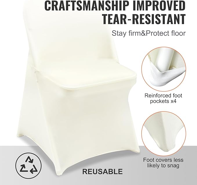 VEVOR Stretch Spandex Folding Chair Covers, Universal Fitted Chair Cover, Removable Washable Protective Slipcovers, for Wedding, Holiday, Banquet, Party, Celebration, Dining (50PCS Ivory White)