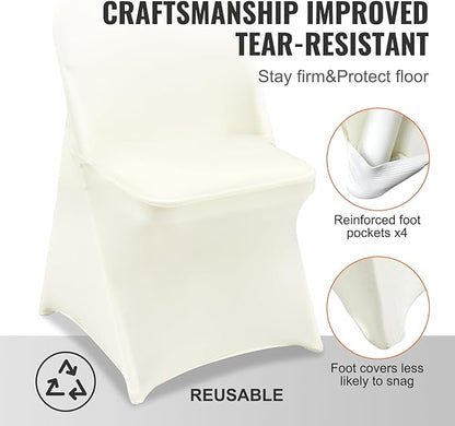 VEVOR Stretch Spandex Folding Chair Covers, Universal Fitted Chair Cover, Removable Washable Protective Slipcovers, for Wedding, Holiday, Banquet, Party, Celebration, Dining (50PCS Ivory White)