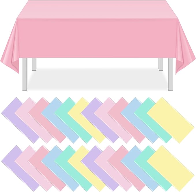 MASHAN 24Pcs Pastel Tablecloths,Plastic Mix Color Tablecloth Disposable Rectangle Table Covers for Baby Shower, Wedding,Girls Birthday Party and Ice Cream Party Decoration,6Color, 54 x 108 Inch