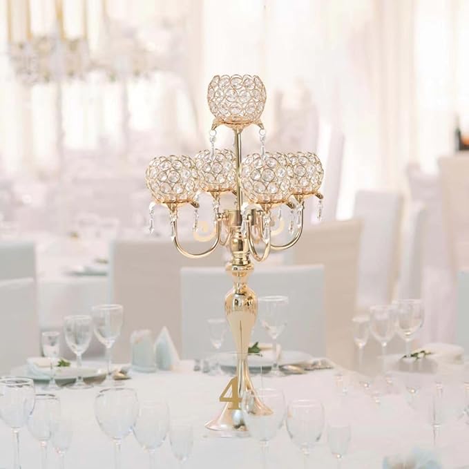 2 PCS Kehail Crystal Table Decoration Gold Candle Holder with Pendant, 5 Arm Candelabra Holder Beautiful Hollow Engraved Table Centerpiece for Christmas, Thanksgiving, Weddings, Holiday Parties