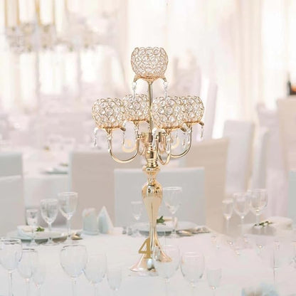 5 Arm Gold Candle Holder 22.5 Inch Tall Crystal with Pendant, Romantic Home Decor Elegant Candlestick Holder for Dates Wedding Receptions Holiday Party Important Events