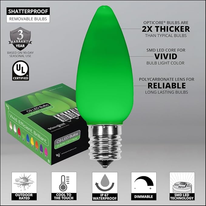 Wintergreen Lighting C9 OptiCore LED Commercial Outdoor Christmas Lights – Heavy Duty Christmas String Lights; Green Wire (100 Lights, 100 ft, Green Smooth/Opaque)
