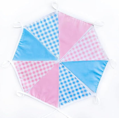 32Ft Pink Blue Gingham Party Decorations Blue Pink Gingham Fabric Triangle Banner Flag Plaid Pennant Garland Streamer for Gender Reveal Birthday Boy or Girl Baby Shower He or She Party Decor Supplies