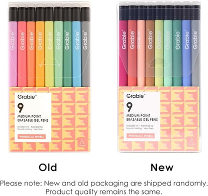 Grabie Erasable Gel Pens, Medium Point 0.7 mm Erasable Pens, Make Mistakes Disappear for Drawing Writing Planner, Pack of 9 Assorted Colors(Whimsical Whirls)