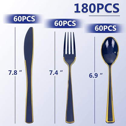 WDF 180PCS Blue Plastic Silverware -Blue and Gold Plastic Cutlery 60 Forks, 60 Knives, 60 Spoons - Heavy Duty Disposable Silverware for Party/Wedding/Hanukkah