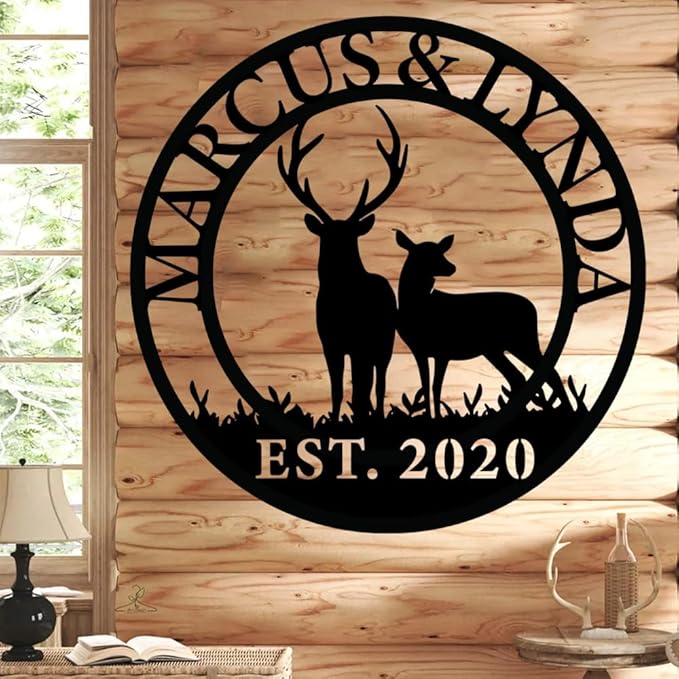 Personalized Deer Couple Metal Sign,Custom Deer Hunting Metal Wall Plaque, Rustic Hunting Lodge Wall Art, Custom Wildlife Gift for Men, Gift for Couples Anniversary, Family, Hunters, Nature Lovers