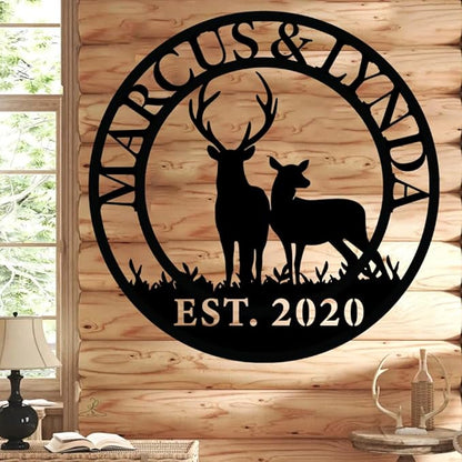 Personalized Deer Couple Metal Sign,Custom Deer Hunting Metal Wall Plaque, Rustic Hunting Lodge Wall Art, Custom Wildlife Gift for Men, Gift for Couples Anniversary, Family, Hunters, Nature Lovers
